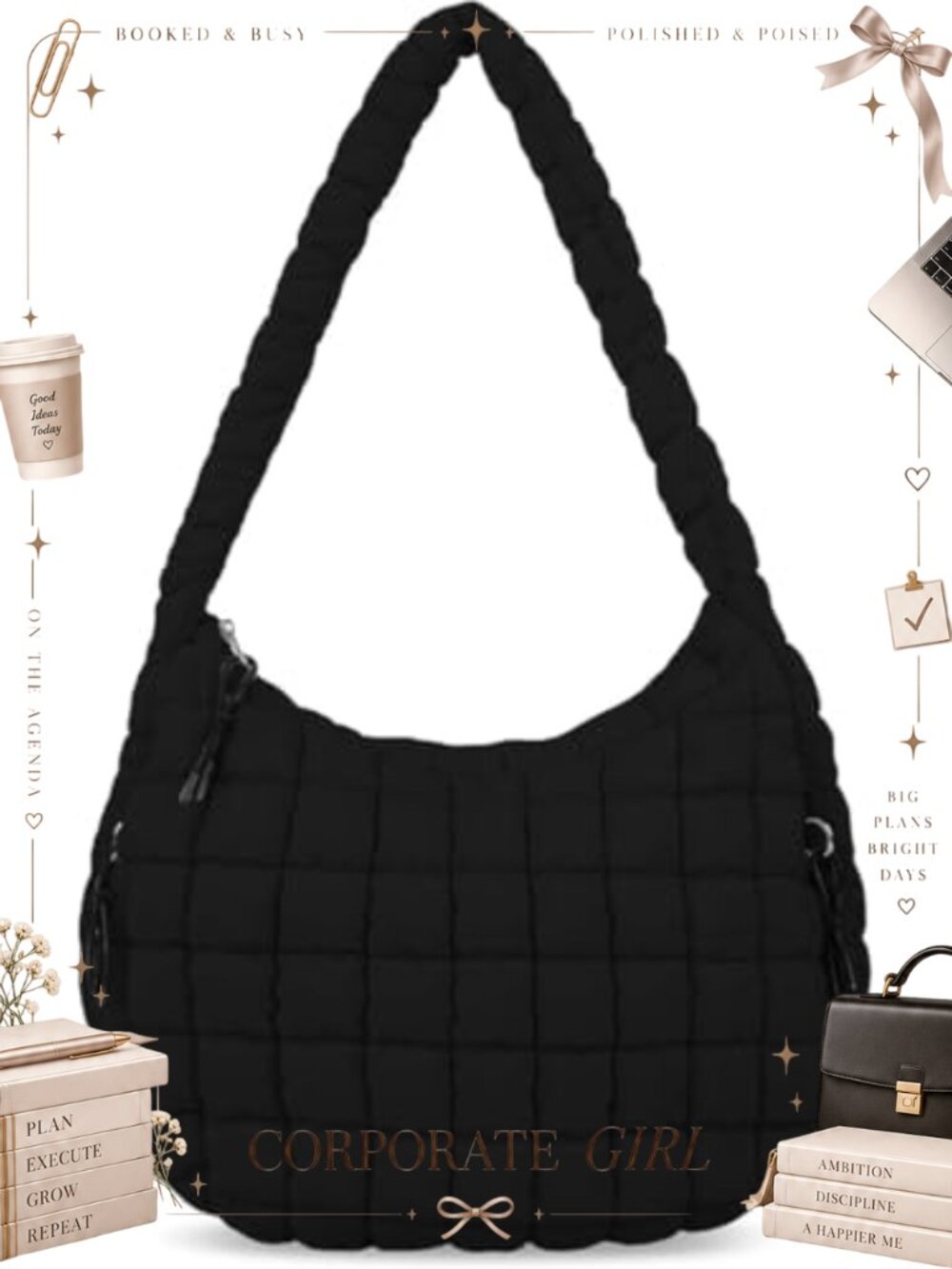 Bagtopia Large Quilted Nylon Puffer Tote Bag with Pouch - Shoulder Crossbody